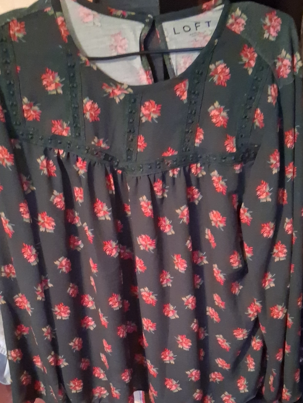 LOFT Floral Black Blouse with Red Rose Print